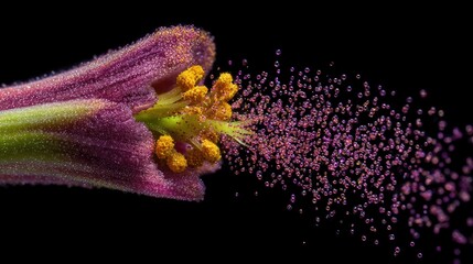 Close Up of a Single Pollen Grain on a Flower's Stamen Against a Dark Background