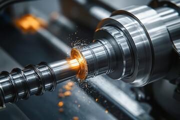 Close-up of a metalworking lathe machine cutting a rotating metal piece with bright sparks flying, highlighting precision engineering in industrial manufacturing