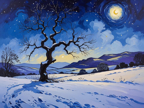 Illustration of a post-impressionist painting Winter Night with Stars and Bare Trees