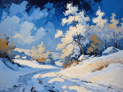 Illustration of a post-impressionist painting Winter Landscape with Snow-covered Trees