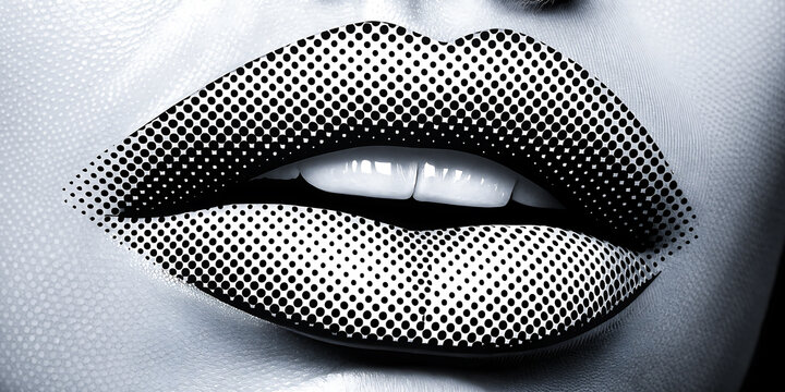 Striking close-up of glamorous lips with bold halftone dot pattern and perfect white teeth, exuding modern style and allure