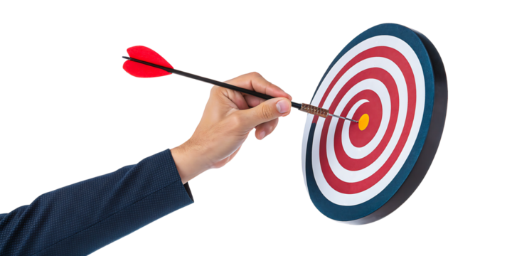 Confident hand throws dart hitting bullseye, symbolizing success, achievement, and business goals achieved with precision