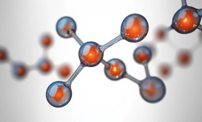 Obraz premium Close-up view of a molecular structure model with transparent spheres connected by rods, each sphere containing a glowing orange core, set against a soft white background