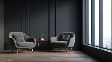 Modern dark room with armchairs and city view