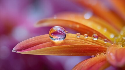 Close-Up of a Raindrop on a Flower Petal with Vibrant Orange and Pink Colors in Nature