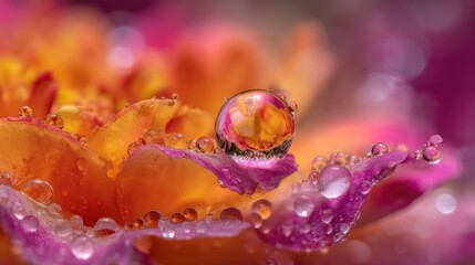 Close-Up of a Raindrop on a Flower Petal with Vibrant Orange and Pink Colors in Nature