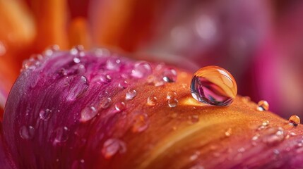 Close-Up of a Raindrop on a Flower Petal with Vibrant Orange and Pink Colors in Nature