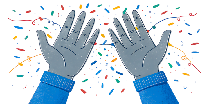 Celebration hands reaching up with colorful confetti falling, conveying joy and success in a festive atmosphere.