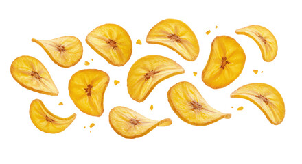 Scattered Dried Banana Chips Against A Black Transparent Background
