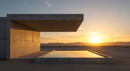 "A minimalist concrete pavilion in the desert, with sharp right angles and a single rectangular water feature reflecting the sky. Captured at sunset with warm golden tones."

