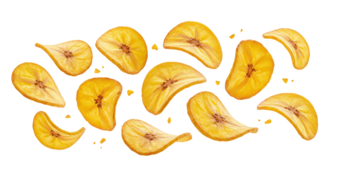 Scattered Dried Banana Chips Against A Black Transparent Background