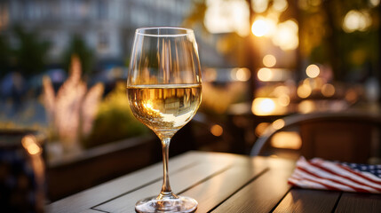 Table in a chic restaurant with a glass of white wine, and an American flag, soft golden light, with beautiful lighting, outdoors and at night. Election Day