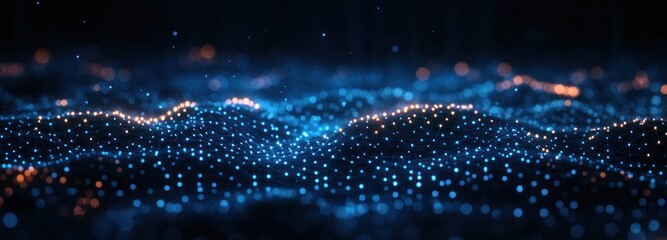 Abstract digital wave of interconnected glowing blue and orange dots forming a dynamic, flowing network pattern against a dark background