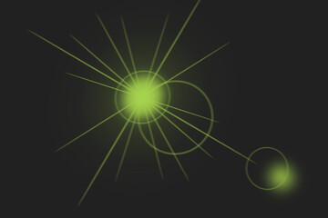 Abstract glowing green light burst with radiating lines and connecting circles on a dark background