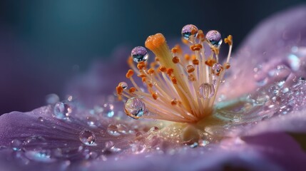 Close-Up of a Single Pollen Grain on a Flower's Stamen Surrounded by Water Droplets