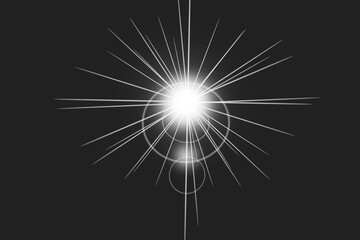 Bright white starburst radiating light with lens flare and bokeh against a dark background