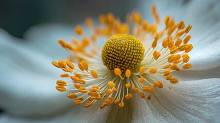 Close-Up of a Single Pollen Grain on a Flower's Stamen with Delicate White Petals and Yellow Centers