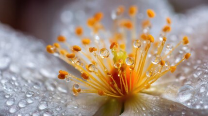Close-Up of a Single Pollen Grain on a Flower's Stamen with Delicate White Petals and Yellow Centers