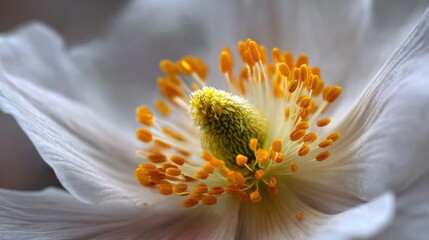Close-Up of a Single Pollen Grain on a Flower's Stamen with Delicate White Petals and Yellow Centers
