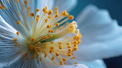 Close-Up of a Single Pollen Grain on a Flower's Stamen with Delicate White Petals and Yellow Centers