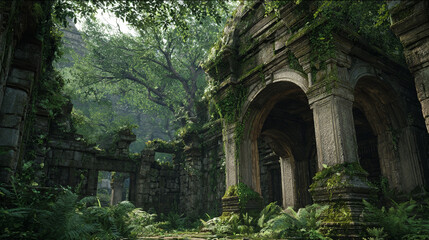 Naklejka premium Overgrown ruins of an ancient stone temple nestled deep within a lush, sunlit tropical jungle, evoking a sense of discovery and a lost world.