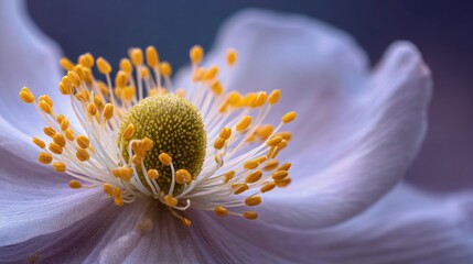 Close-Up of a Single Pollen Grain on a Flower's Stamen with Delicate White Petals and Yellow Centers