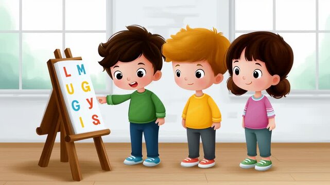 Kids excitedly observe an alphabet chart during a learning activity in a bright, airy classroom setting. Concept of early education, child development, learning resources