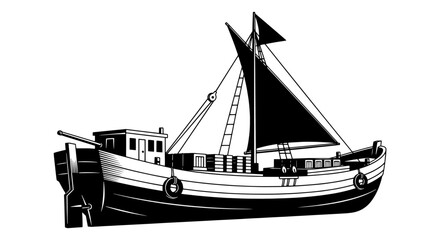 Classic fishing boat illustration in a monochrome woodcut style, symbolizing a nautical voyage and maritime tradition.