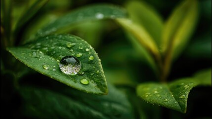 Close-up of a Single Raindrop on a Green Leaf with Glimmering Details in Nature
