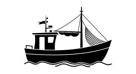 Simple black silhouette of a traditional fishing boat trawler on the water. Nautical vector icon for maritime industry and sea voyage concepts.