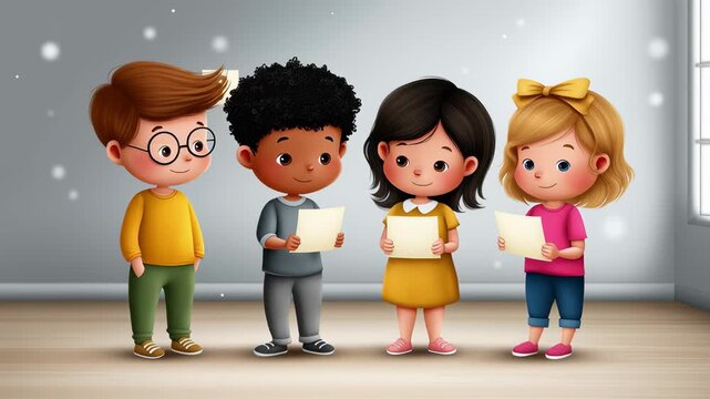 Group of kids excitedly observing alphabet chart while holding papers in bright classroom. Cheerful atmosphere and warm lighting encourage creativity and learning