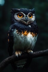 Close-up of a small black and white owl with striking bright orange eyes perched on a dark branch in a dimly lit environment