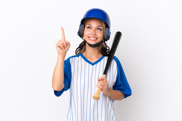 Baseball Russian girl player with helmet and bat isolated on white background pointing up a great idea
