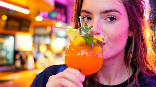Teenager sipping tropical mocktail, seafood bar, sunset neon, hyperreal glass