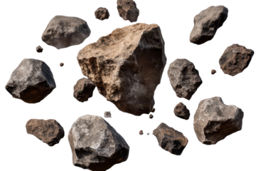 Asteroids swirling in a chaotic cluster with various sizes of stone meteor boulders suspended in space