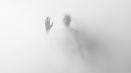 A silhouette of a person behind frosted glass, with one hand raised. Its hand visible but with no face or eyes - just a transparent cloud against an all-white background.