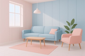 Serene Living Room with Pastel Blue Sofa, Pink Armchair, Wooden Coffee Table, and Natural Light Streaming Through Window