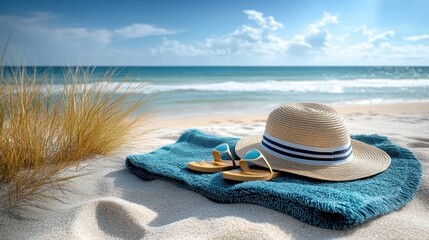 Straw hat and sandals placed on a blue towel on a sandy beach with gentle waves and blue sky in the background, evoking a calm and relaxing summer day