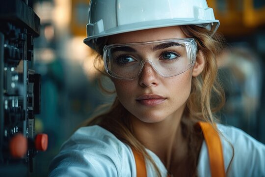 Focused young female engineer wearing white hard hat and protective glasses working with machinery in industrial environment