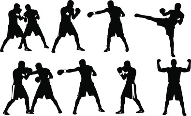 Boxing silhouettes collection, martial arts poses, kickboxing moves, combat sports training, fighter shadow figures, mixed martial arts illustration, punching and kicking stance
