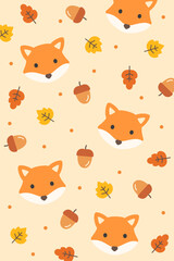 Adorable fox face, acorn, and falling leaf seamless pattern on pale yellow background, ideal for children's autumn designs, fabric prints, and seasonal packaging.