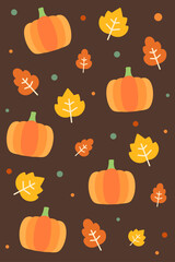 Warm autumn seamless pattern of orange pumpkins and golden leaves on a dark brown background, creating a rustic fall woodland vibe for fabric, decor, and seasonal designs.