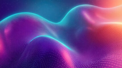Abstract glowing digital waves with flowing curves and vibrant neon colors in purple, blue, and pink creating a dynamic futuristic landscape