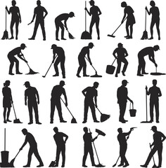Fototapeta premium Silhouette people cleaning, sweeping, mopping, working with cleaning tools, flat vector illustration, black human figures, janitor poses, housekeeping, floor maintenance