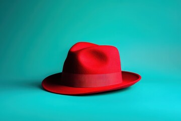 Vibrant red fedora hat against a teal background.