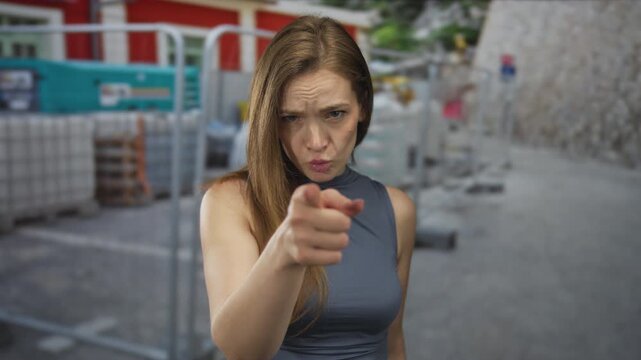 Young woman in a grey sleeveless top points her finger at the camera on a construction site with scaffolding; defiance.