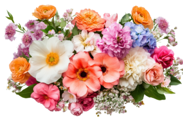 Colorful spring flower arrangement featuring vibrant blooms in various shapes and sizes for a cheerful display at a garden party setting