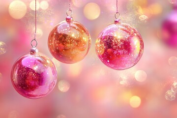 Three pink christmas ornaments against a bokeh background.