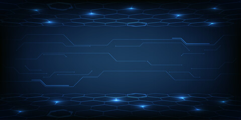 Vector illustrations of abstract blue digital hi tech background with horizontal copy space and digital element circuit pattern.Digital technology concept.