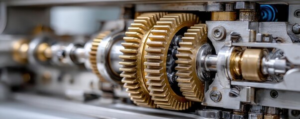 Gear axis of spinner gun concept. Detailed view of mechanical gears in industrial machinery.